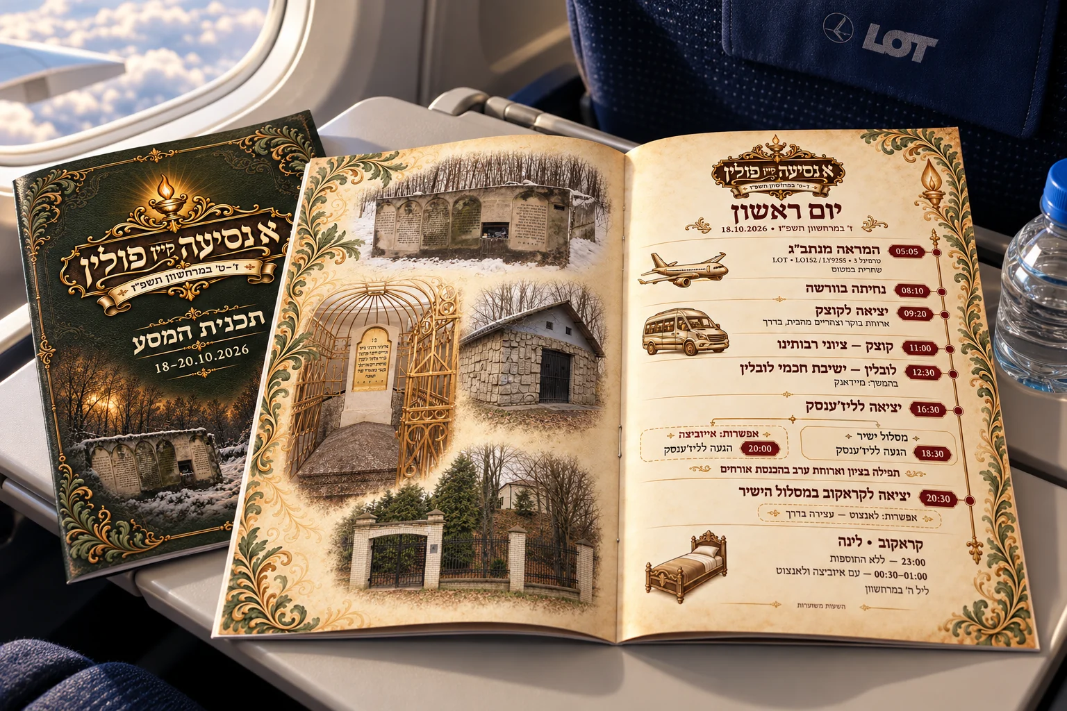 מוקאפ של החוברת פתוחה בטיסת LOT, עם תוכנייה מימין ותמונות משמאל